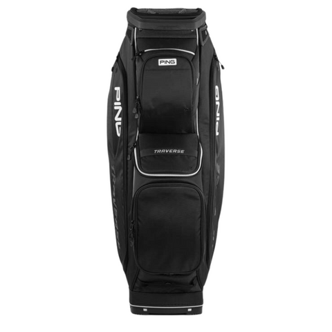 The Ping Traverse 244 Cart Bag is a lightweight, black cart bag featuring white Ping branding, multiple zippered compartments, and a 14-way divider top for organized storage in a sleek, modern design.