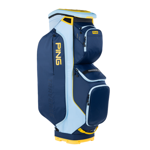 The Ping Traverse 244 Cart Bag in Navy/Crystal/Lemon features a 14-way top, multiple zippered pockets and compartments, the PING logo in yellow on the side, and a sturdy base for stability.