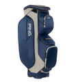 The Ping Traverse 244 Cart Bag in Navy/Heather/Sand features 14-way club organization, multiple zippered compartments, two large side pockets, and a top handle for easy carrying.