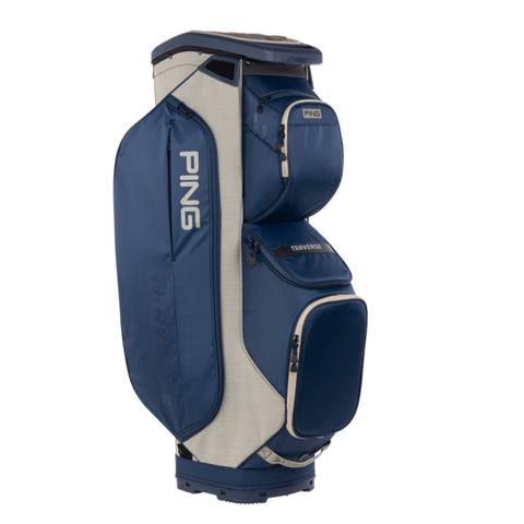 The Ping Traverse 244 Cart Bag in Navy/Heather/Sand features 14-way club organization, multiple zippered compartments, two large side pockets, and a top handle for easy carrying.