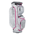 The Ping Traverse 244 Cart Bag in Platinum Graffiti/Malibu Rose features multiple zippered pockets and a 14-way divider top, and is shown standing upright on a white background.