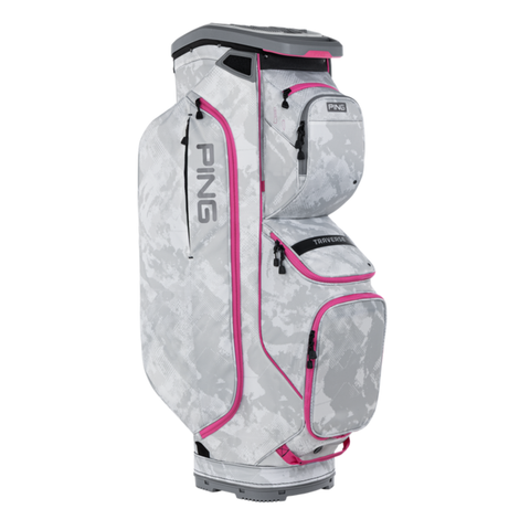 The Ping Traverse 244 Cart Bag in Platinum Graffiti/Malibu Rose features multiple zippered pockets and a 14-way divider top, and is shown standing upright on a white background.