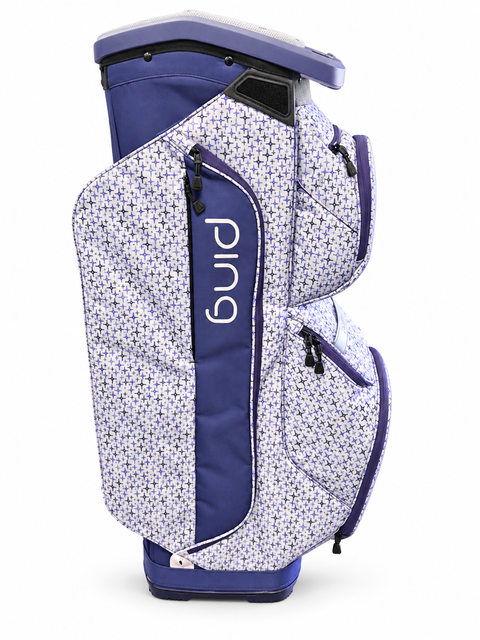 PING Traverse 244 cart golf bag in Galactic Lilac, left side view on a white background