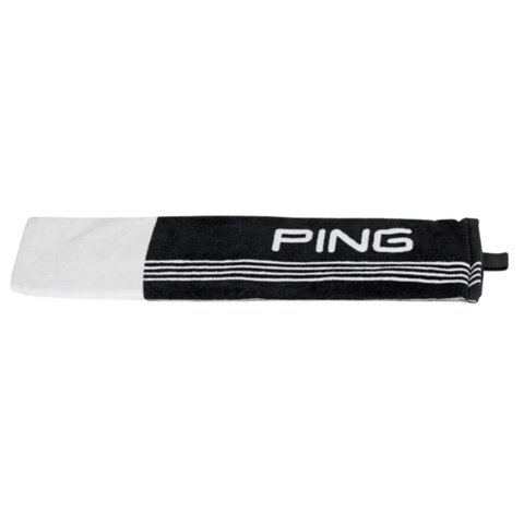 The PING Tri-Fold Golf Towel by Ping is black and white with horizontal stripes, “PING” in white lettering, and a small black hanging loop—ideal for cleaning clubs on the course.