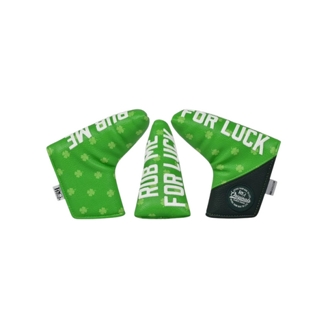 The PRG Originals 2025 Luck of the Irish Blade Putter Headcover by PRG features green material, white “RUB ME FOR LUCK” text, and shamrock decorations, capturing Irish charm on a white background.