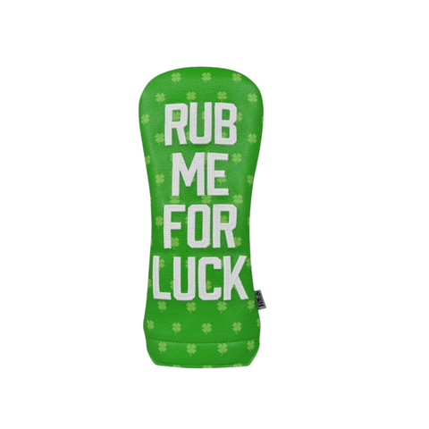 The PRG Originals 2025 Luck of the Irish Driver Headcover by PRG is green with small clover patterns and bold white RUB ME FOR LUCK text, perfect for bringing a touch of Irish luck to your golf game.