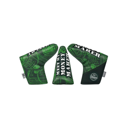 Three PRG Originals 2025 Money Maker Blade Putter Headcovers are shown from different angles. Each green and black cover features white MONEY MAKER text, a money graphic, and an Its A Miracle patch on one side. Brand: PRG.