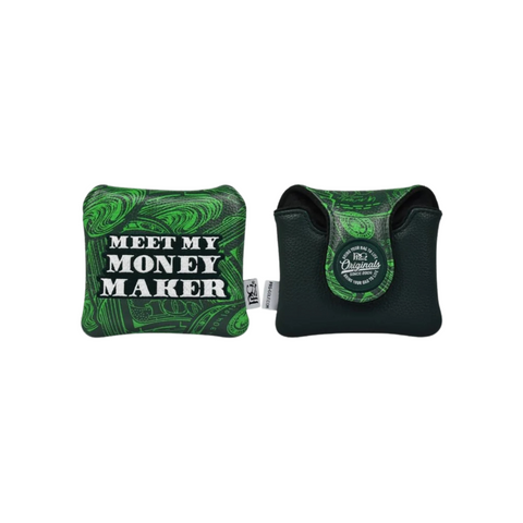 Two PRG Originals 2025 Money Maker green mallet putter headcovers with black accents—one says MEET MY MONEY MAKER in white, the other has The Original logo. Both feature a stylish money pattern.