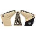 Three PRG Originals 2025 Most Wanted Blade Putter Headcovers by PRG, in tan and black leatherette, display a cowboy-themed Wanted poster design with WANTED text and a PRG Originals patch on the side.