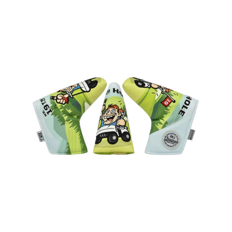 The PRG Originals 2025 Mr. 19th Hole Blade Putter Headcover by PRG features cartoon graphics of a man in a golf cart on green with trees and 19th Hole text, plus a magnetic closure for convenience.