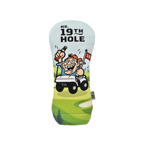 The PRG Originals 2025 Mr. 19th Hole Driver Headcover by PRG features a cheerful man in a golf cart with a drink and “19” flag, adding fun and personality to your driver with its durable leatherette design.