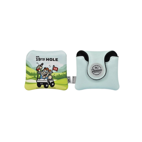 Two light blue square PRG driver headcovers: one with a cartoon golfer in a cart and Mr. 19th Hole text, the other with The Originals round logo—fun, unique designs from PRG Originals.