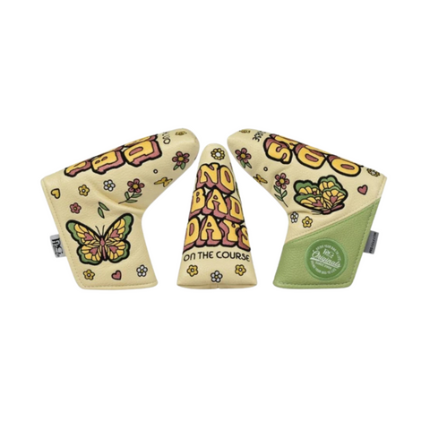 Three views of the PRG Originals 2025 No Bad Days Blade Putter Headcover by PRG, shown in light yellow with colorful flowers, a butterfly, green accents, stitched tags, and “No Bad Days On The Course” in bold lettering.