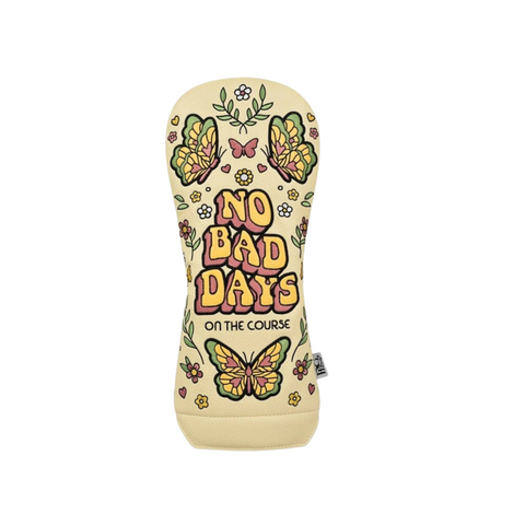The PRG Originals 2025 No Bad Days Driver Headcover by PRG features a beige design with vibrant butterflies, flowers, and “NO BAD DAYS ON THE COURSE” in bold, retro-style lettering.