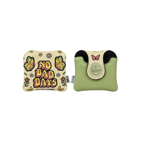 The PRG Originals 2025 No Bad Days Mallet Putter Headcovers by PRG feature playful, colorful designs—one with NO BAD DAYS ON THE COURSE, butterflies, and flowers; the other green with a butterfly. Both are durable leatherette with magnetic closures.