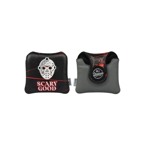 The PRG Originals 2025 Scary Good Mallet Putter Headcover features a leatherette exterior with a white hockey mask and Scary Good text, plus gray leather and a PGA Originals circular logo.