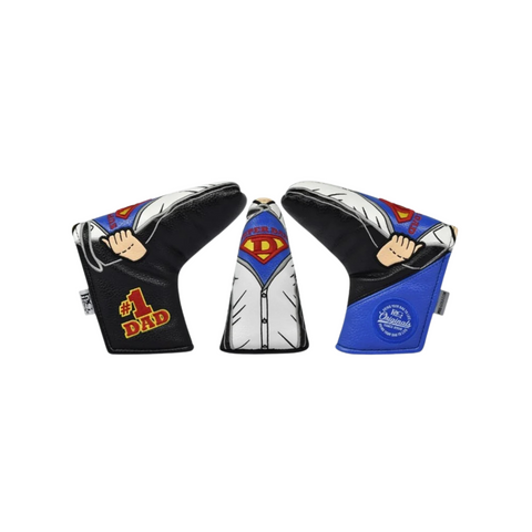 The PRG Originals 2025 Super Dad Blade Putter Headcover by PRG features premium leatherette, a shirt design revealing a DAD Superman-style logo, #1 DAD text on the left, and a blue-and-white World’s Okayest Golfer badge on the right.