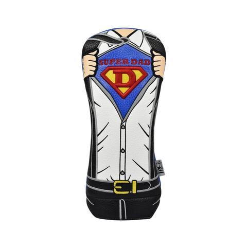 The PRG Originals 2025 Super Dad Driver Headcover from PRG offers ultimate club protection, featuring a superhero shirt design with a bold red “D” emblem and “Super Dad” text, plus shirt, tie, and hand details.
