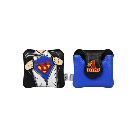PRG Originals 2025 Super Dad Mallet Putter Headcover by PRG features a comic-style design with hands opening a shirt to reveal a superhero logo, plus an additional blue pouch labeled #1 Dad in bold yellow and red letters.