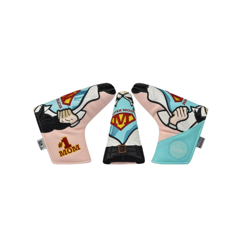 Three PRG Originals golf club headcovers are displayed on a white background, including the PRG Originals 2025 Super Mom Blade Putter Cover featuring a cartoon superhero mom, #1 Mom text, and vibrant pink, blue, and black tones.