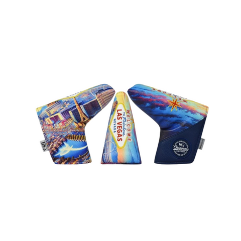 Three colorful golf club headcovers, including the PRG Originals 2025 Vegas Strip Blade Putter Headcover by PRG, featuring a cityscape and Welcome to Las Vegas sign, are displayed against a white background.