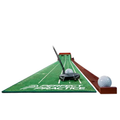 The Perfect Putting Perfect Practice v.5 Standard Pro Putting Mat is a green mat featuring a putter, two golf balls, and a wooden ball return track, designed for true roll and consistent indoor golf practice.
