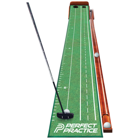 The Perfect Putting Perfect Practice v.5 Standard Pro Putting Mat features a putter striking a golf ball for indoor practice, with another ball in the wooden side return track for a smooth, true roll experience.