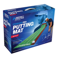Blue and white box for the Perfect Putting Perfect Practice v.5 Standard Pro Putting Mat shows a man putting on the 9-foot indoor golf mat, his portrait on the side, plus product details and signature highlights for true roll practice.