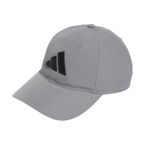 Front view of a grey Adidas Performance golf hat with a black Adidas logo on the front, tonal stitching, and a curved brim.