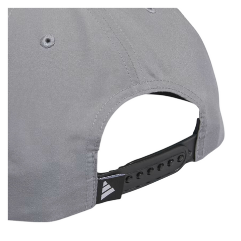 Close up rear view of the grey Adidas Performance golf hat, showing the adjustable black snapback closure and detailed stitching along the panels.