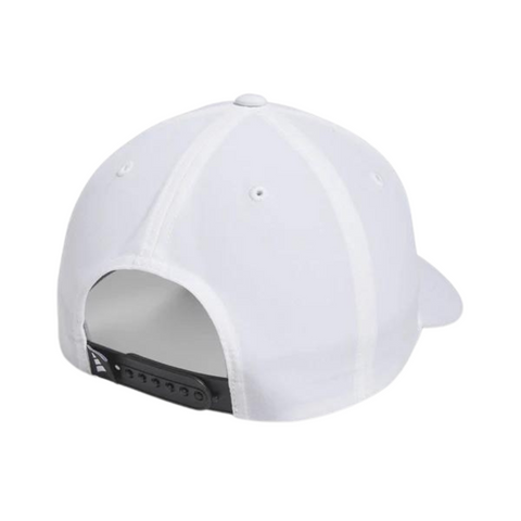 Rear view of the white Adidas Performance golf hat, showing the adjustable black snapback closure and detailed stitching along the panels.