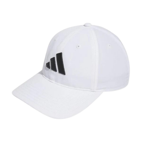 Front view of a white Adidas Performance golf hat with a black Adidas logo on the front, tonal stitching, and a curved brim.