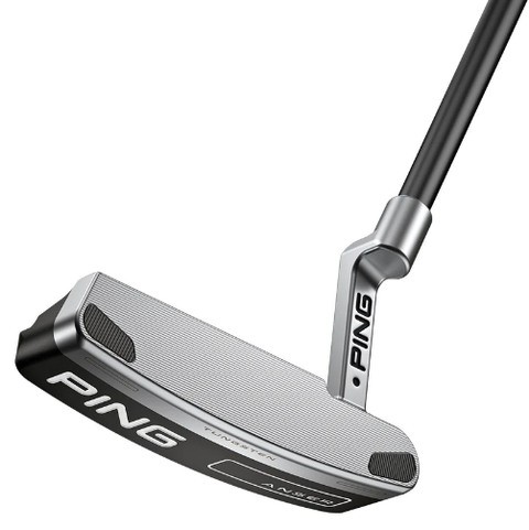 Angled view of Ping Anser Left Hand Putter, showcasing the grooved clubface, tungsten weighting, and PING branding on the sole and neck.