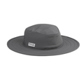 Side view of a Ping Boonie Hat in grey, featuring a wide brim for sun protection and a small black on white Ping logo on the side.