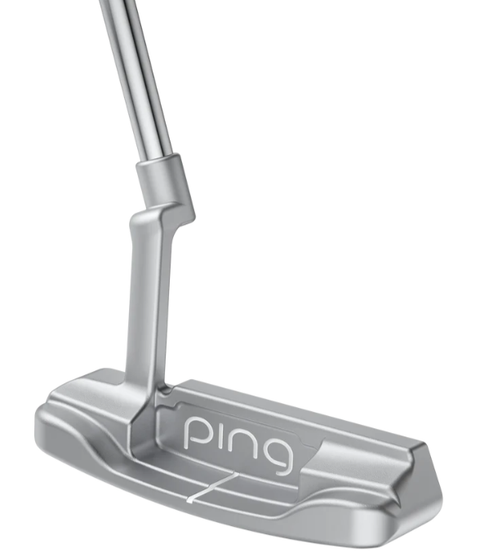 Rear angled view, Ping Women's G Le3 Anser Putter, silver finish with white alignment line, ping logo on back, silver shaft.