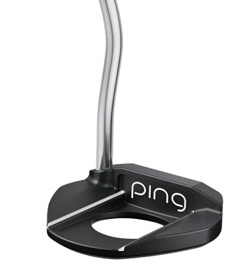 Rear angled view, Ping Women's G Le3 Fetch Putter, black head with circular cutout, white Ping logo on back, silver alignment lines, silver shaft.