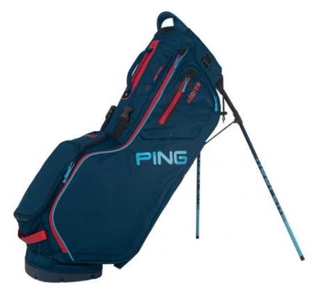 The Ping Hoofer Stand Bag in Navy/Bright Blue/Red by Ping features multiple zippered compartments and fold-out legs for stability, making it an ideal lightweight golf bag for walking the course.