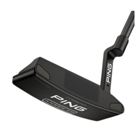 Angled view of the Ping Anser 2D 2023 putter, showcasing the black clubhead with the Ping logo on the face and a black shaft, featuring Tungsten weighting for stability.