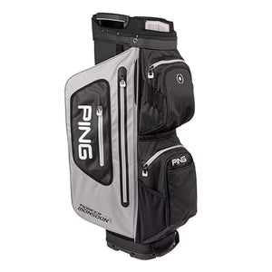 The PING Pioneer Monsoon Cart Bag by Ping features a black and gray design with multiple zippered pockets, a side handle, and the PING brand name displayed on the largest side pocket.