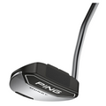 Front angled view, Ping Mundy Putter, black finish with silver alignment lines, PING logo on the front, silver shaft.