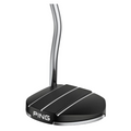 Back view, Ping Mundy Putter, black with silver PING logo, silver and black face, silver shaft.