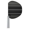 Top view, Ping Mundy Putter, black head with ridged surface, silver alignment lines, silver shaft.