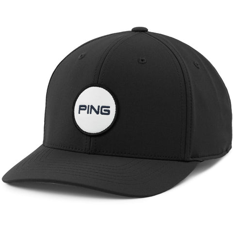 Black Ping Patch Cap with a curved brim and a round white patch featuring the black Ping logo centered on the front.