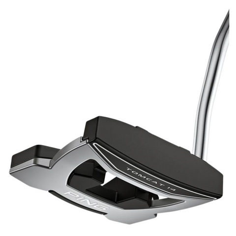 Side angled view, Ping Tomcat 14 Putter, black head with square cutout, dotted alignment lines, silver shaft.