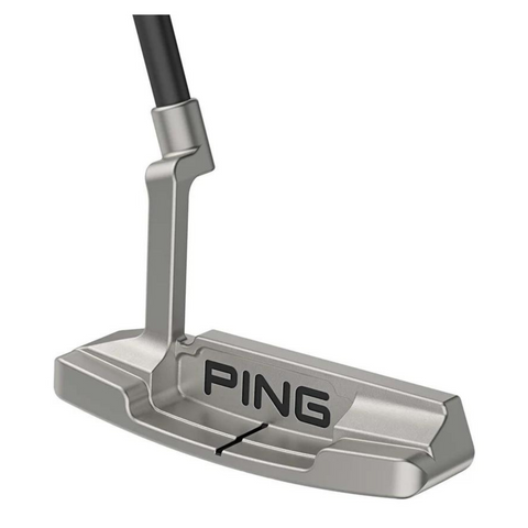 Rear view, Anser 2 2024 Ping putter, silver finish, PING logo, black alignment line, black shaft.