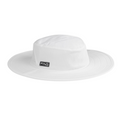 Side view of a Ping Boonie Hat in white colour, featuring a wide brim for sun protection and a small white on black Ping logo on the side.