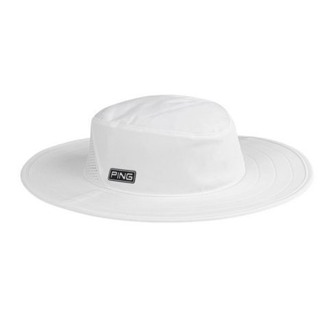 Side view of a Ping Boonie Hat in white colour, featuring a wide brim for sun protection and a small white on black Ping logo on the side.