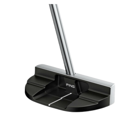 Bottom view, Ping DS72 C Putter, black sole with PING logo, silver face, tungsten weight inserts, silver shaft.