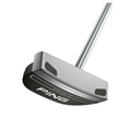 Side angled view, Ping DS72 C Putter, black head, white alignment line, PING logo on back, silver shaft