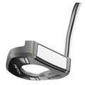 Side angled view, Fetch 2024 Ping putter, silver and black finish, circular cutout, white face insert, silver shaft.